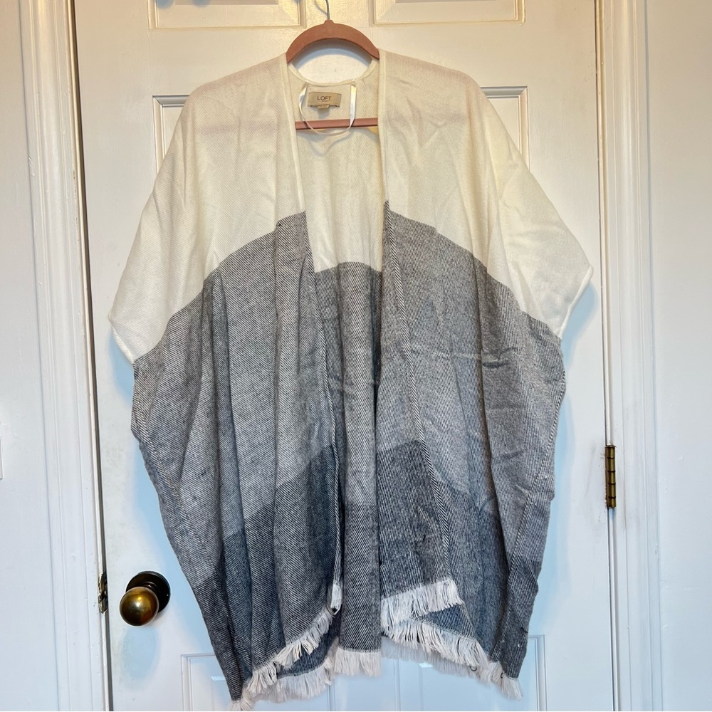 LOFT Women's Poncho Wrap Sweater Fringe Beige/Gray One Size